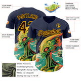 Custom Navy Brown-Gold 3D Pattern Design Alien UFO Psychedelic Galaxy Authentic Baseball Jersey