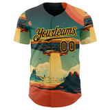 Custom Blue Brown Orange-Gold 3D Pattern Design Alien UFO Galaxy Authentic Baseball Jersey