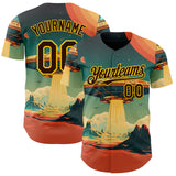 Custom Blue Brown Orange-Gold 3D Pattern Design Alien UFO Galaxy Authentic Baseball Jersey