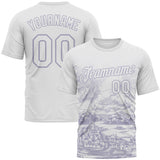 Custom White-Light Purple 3D Pattern Vintage Line Art Cityscape Performance T-Shirt