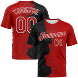 Custom Black Red-White 3D Pattern Flower Sketch Split Fashion Performance T-Shirt