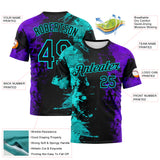 Custom Aqua Black-Purple 3D Pattern Ink Splash Duotono Style Performance T-Shirt