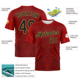 Custom Red Black-Old Gold 3D Pattern Pixel Vertical Stripe Hexagon Performance T-Shirt
