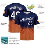 Custom Navy White-Orange Gradient Racing Checkerboard Sportswear Performance T-Shirt