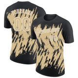 Custom Black Vegas Gold-White Torn Sharp Brush Stroke Splatter Performance T-Shirt