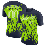 Custom Navy Neon Green-White Torn Sharp Brush Stroke Splatter Performance T-Shirt
