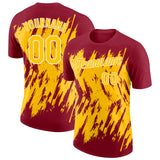 Custom Crimson Yellow-White Torn Sharp Brush Stroke Splatter Performance T-Shirt