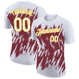 Custom White Burgundy-Yellow Torn Sharp Brush Stroke Splatter Performance T-Shirt