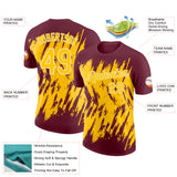 Custom Burgundy Yellow-White Torn Sharp Brush Stroke Splatter Performance T-Shirt