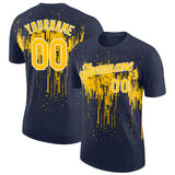 Custom Navy Yellow-White Dripping Splatter Paint Performance T-Shirt