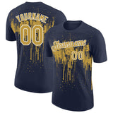 Custom Navy Old Gold-White Dripping Splatter Paint Performance T-Shirt
