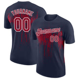 Custom Navy Crimson-White Dripping Splatter Paint Performance T-Shirt