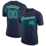Custom Navy Teal-White Dripping Splatter Paint Performance T-Shirt