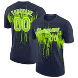 Custom Navy Neon Green-White Dripping Splatter Paint Performance T-Shirt