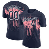 Custom Navy Medium Pink-White Dripping Splatter Paint Performance T-Shirt
