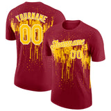 Custom Crimson Yellow-White Dripping Splatter Paint Performance T-Shirt