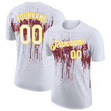 Custom White Burgundy-Yellow Dripping Splatter Paint Performance T-Shirt