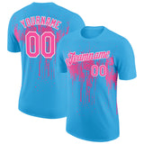 Custom Sky Blue Pink-White Dripping Splatter Paint Performance T-Shirt