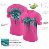 Custom Pink Teal-White Dripping Splatter Paint Performance T-Shirt