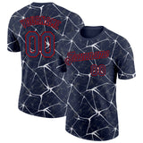 Custom Navy White Gray-Red Abstract Network Crackle Performance T-Shirt