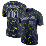 Custom Navy Neon Yellow Gray-White Abstract Network Crackle Performance T-Shirt