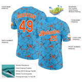 Custom Sky Blue Orange Gray-White Abstract Network Crackle Performance T-Shirt