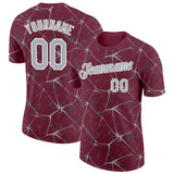 Custom Burgundy Gray-White Abstract Network Crackle Performance T-Shirt