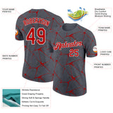 Custom Steel Gray Red-White Abstract Network Crackle Performance T-Shirt