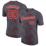 Custom Steel Gray Red-White Abstract Network Crackle Performance T-Shirt