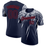 Custom Navy White-Red Distressed Scratch Brush Stroke Performance T-Shirt