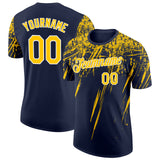 Custom Navy Yellow-White Distressed Scratch Brush Stroke Performance T-Shirt