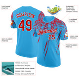 Custom Sky Blue Red-White Distressed Scratch Brush Stroke Performance T-Shirt