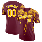 Custom Burgundy Yellow-White Distressed Scratch Brush Stroke Performance T-Shirt