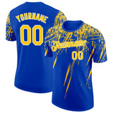 Custom Thunder Blue Yellow-White Distressed Scratch Brush Stroke Performance T-Shirt