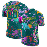 Custom Graffiti Pattern Teal-Gold Vibrant Multicolor Paint Splatter Performance T-Shirt