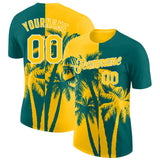 Custom Teal Yellow-White Hawaii Tropical Coastal Palm Trees Performance T-Shirt