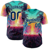 Custom Ice Blue-Navy Cyber Tropical Palm Trees Music Festival Authentic Baseball Jersey
