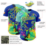 Custom Thunder Blue Green-Light Yellow Cyber Tropical Palm Trees Music Festival Authentic Baseball Jersey