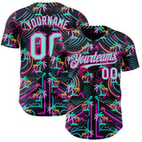 Custom Black Ice Blue-Deep Pink Cyber Tropical Palm Trees Music Festival Authentic Baseball Jersey