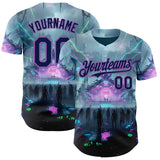 Custom Gray Navy Black-Medium Purple Cyber Tropical Palm Trees Music Festival Authentic Baseball Jersey