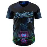 Custom Black Navy-Ice Blue Cyber Tropical Palm Trees Music Festival Gothic Fantasy Authentic Baseball Jersey