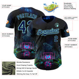 Custom Black Navy-Ice Blue Cyber Tropical Palm Trees Music Festival Gothic Fantasy Authentic Baseball Jersey