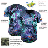 Custom Black Ice Blue-Medium Purple Cyber Tropical Palm Trees Music Festival Gothic Fantasy Authentic Baseball Jersey
