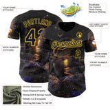 Custom Black Navy-Yellow Galaxy Star Authentic Baseball Jersey