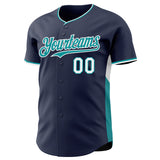 Custom Navy Teal-White Classic Color Block Side Panel Stripe Authentic Baseball Jersey
