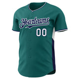 Custom Teal Navy-White Classic Color Block Side Panel Stripe Authentic Baseball Jersey
