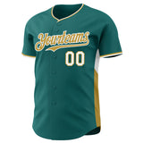 Custom Teal Old Gold-White Classic Color Block Side Panel Stripe Authentic Baseball Jersey