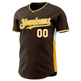 Custom Brown Gold-White Classic Color Block Side Panel Stripe Authentic Baseball Jersey