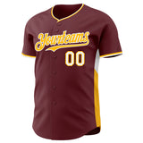 Custom Burgundy Gold-White Classic Color Block Side Panel Stripe Authentic Baseball Jersey
