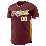 Custom Burgundy Old Gold-White Classic Color Block Side Panel Stripe Authentic Baseball Jersey